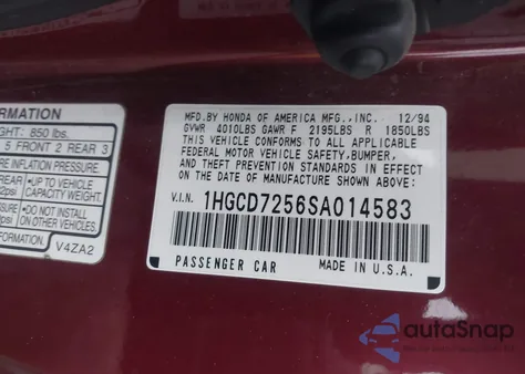 1995 Honda Accord Ex z USA, uszkodzony, nr VIN 1HGCD7256SA014583